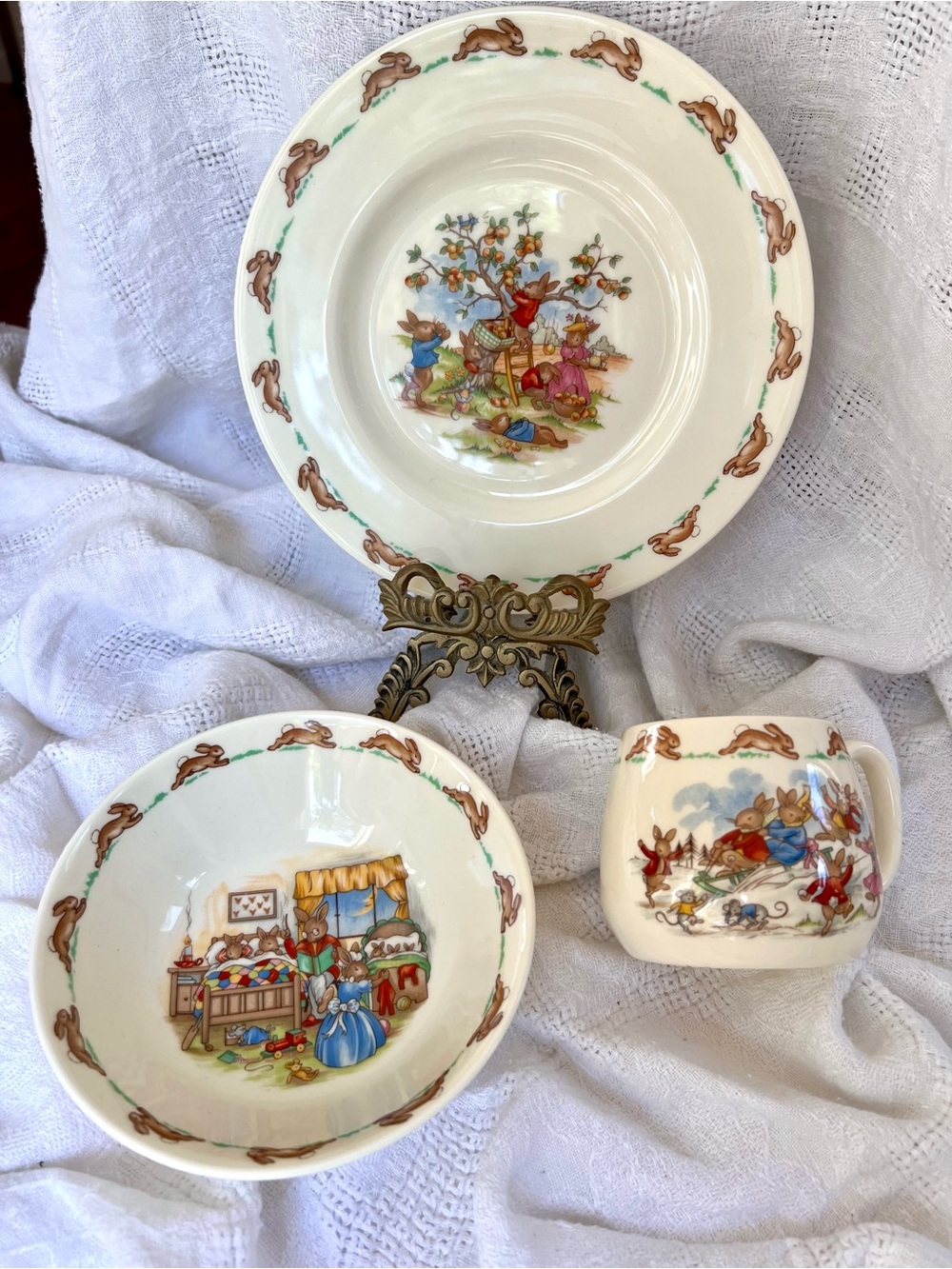 Vintage 70s Royal Doulton Bunnykins 3 Piece Set Cup Bowl Plate English Fine Bone